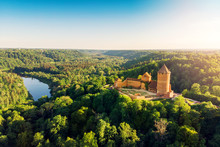 Aerial View To The Turaida Castle And River Gauja At Sunset, Latvia