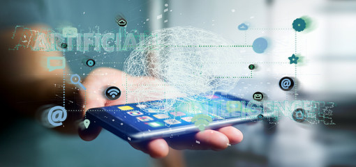 Poster - Man holding a 3d rendering artificial intelligence concept with a brain and app