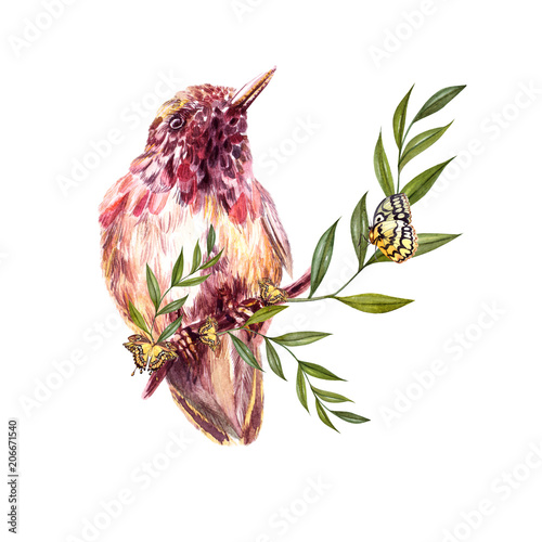 A beautiful watercolor bouquet with a bird and leaves of a palm tree.