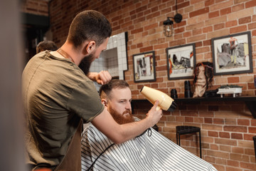 Barber and bearded man in barber shop