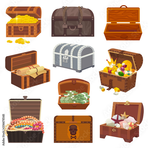Fotomural Chest vector treasure box with gold money wealth or wooden pirate chests with go