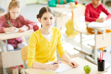 Wall Mural - Clever schoolgirl with crayon looking at camera while sitting by workplace at lesson