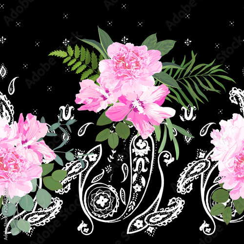 India seamless paisley pattern with flower, decorative border for textile, wr...