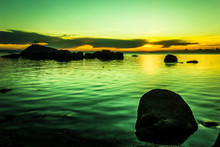 Wild, Green Sunset Paradise Landscape With Silhouettes Of Rocks Over The Sea In The Island Of Koh Phangan, Thailand. Magic Twilight Colors, Calm Ocean, Peaceful Destination Concept