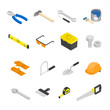 Vector isometric construction tools set. House remodeling equipment in isometry. Repair and building instruments.