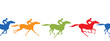 Horse racing silhouette seamless border. Horse and jockey. Galloping horseback riders with yellow, blue, green, red color. Horseracing winner, vector background.