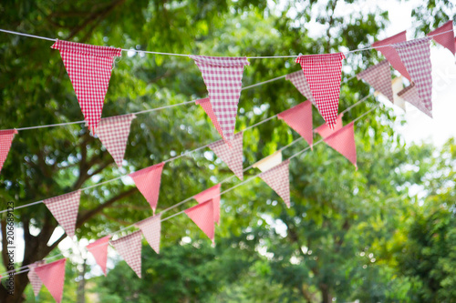 Pink Triangle Flags Hang On White Rope In Garden For Decorative