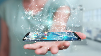 Businesswoman using digital binary code on mobile phone 3D rendering