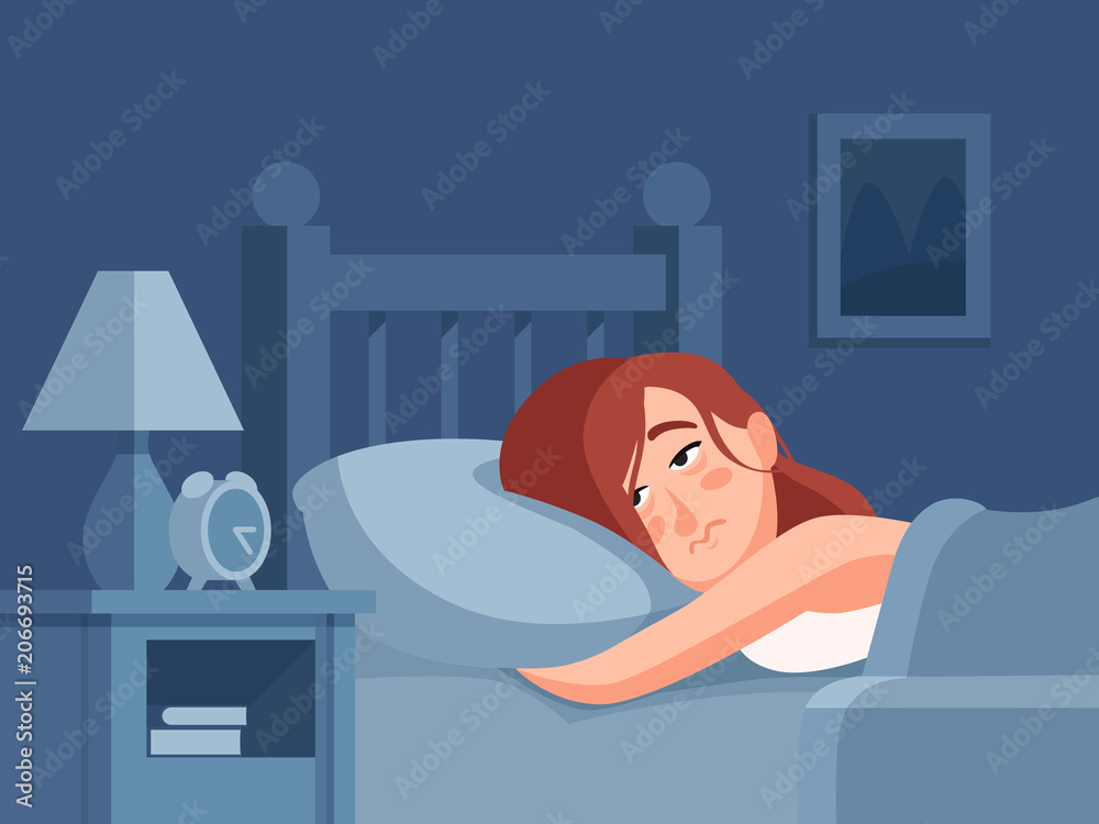 Woman with insomnia or nightmare lying in bed at night background. Sleepless person awake with tired sadness face cartoon illustration - obrazy, fototapety, plakaty 