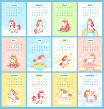 Sweet Cute Magic Unicorn 2019 Calendar For Kids. Fairy Unicorns With Rainbow Cartoon Vector Template For Calendars Design