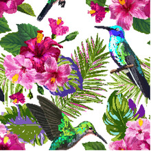 Tropical Seamless Pattern With Hummingbirds, Exotic Hibiskus Flowers And Palm Leaves. Floral Background With Colibri Birds For Fabric, Textile, Wallpaper. Vector Illustration