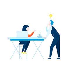 Office workers on white background. Co working people discussing ideas. Vector illustration of business meeting, teamwork, collaboration and discussion, conference table, brainstorm.