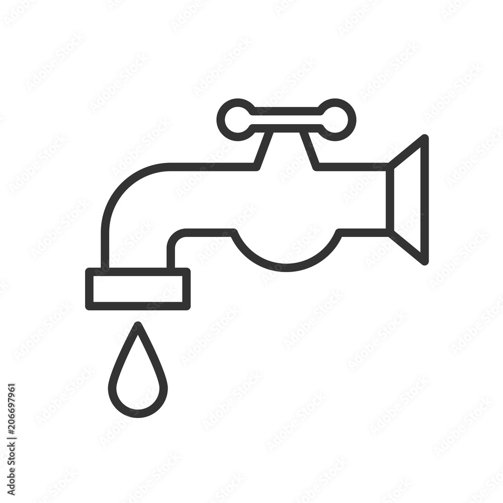 Black isolated outline icon of water tap with drop on white background ...