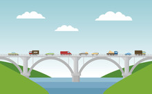 Vector Landscape With Bridge And Cars.