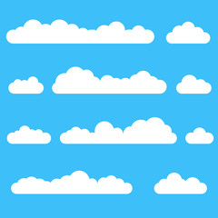 Sticker - clouds icon set. different cloud shapes isolated on the blue sky background. vector illustration.