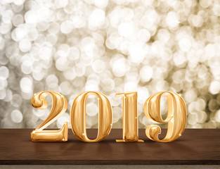 Aufkleber - Happy New Year 2019 gold glossy with sparkling star on dark brown table with gold bokeh wall,Holiday festive celebration concept.copy space for display of text or content.
