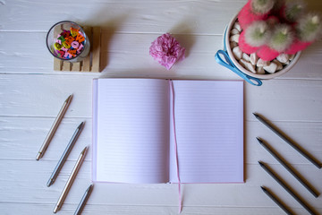 Wall Mural - Opened notepad, pens, pencils, pink cactus, crumpled sheet of paper and multicolored letters on a white wooden desktop.