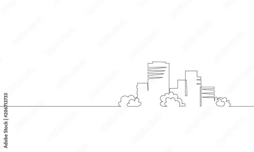 Single continuous line art city building construction. Architecture house urban apartment cityscape landscape concept design one sketch outline drawing vector illustration - obrazy, fototapety, plakaty 