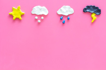 Wall Mural - weather forecast concept. modern weather icons set on pink background top view copy space