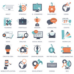 Wall Mural - Set of flat design icons for business, pay per click, creative process, searching, web analysis, time is money, on line shopping. Icons for website development and mobile phone services and apps.