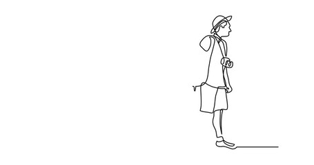 Wall Mural - Self drawing animation of continuous line drawing of traveler walking rolling bag on wheels