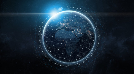 Wall Mural - global communication network concept network dots surrounding planet earth with focus on america. in