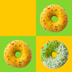 Wall Mural - Yellow, Green Donuts on a colored background with squares. National Doughnut Day. Fried dough confectionery. Pattern for printing on wrapping paper, card, napkin, flyer, fabric.