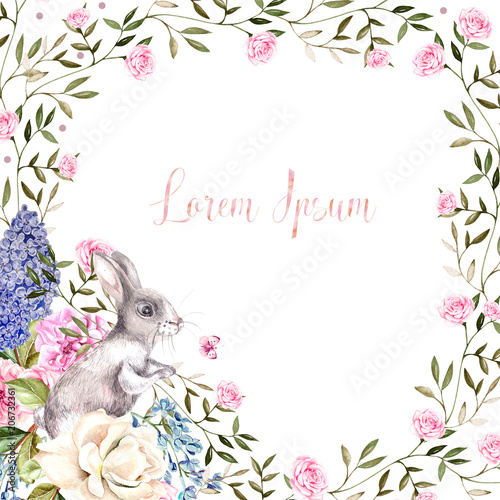 Beautiful watercolor greeting card with Easter bunnies. With flowers of roses...
