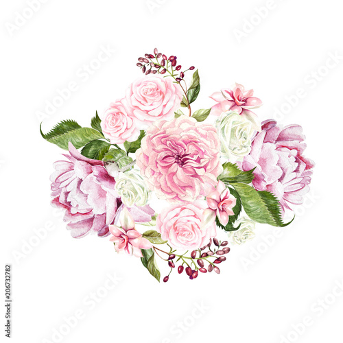 Watercolor wedding bouquet with rose, peony and  berry.