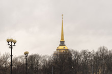 Tall Golden Spire Of The Admiralty Buildingin St Petersburg, Russia