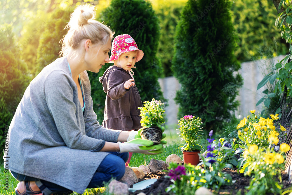 mother and daughter planting flowers together in home garden bed - obrazy, fototapety, plakaty 
