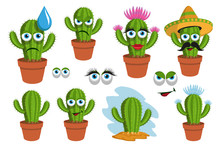 Set Of Cactuses. Cartoon Cactus In A Pot. Prickly Plant. Vector Graphics To Design.