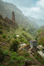 Picturesque Canyon Ribeira Da Torre Covered With Lush Vegetation. Cultivation On Steep Terraced Hills Banana Trees, Sugarcane And Coffee. Xo-Xo Valley Santo Antao Cape Verde Cabo Verde