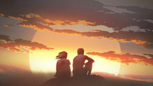 Silhouette Of A Young Couple Sitting On A Rock Looking At The Sunset, Digital Art Style, Illustration Painting