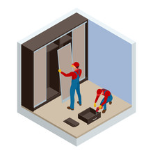 Isometric Two Carpenters Workers Joint And Settle Home Built-in Cupboard. Installation Of White Corner Sliding Wardrobe Vector Illustration
