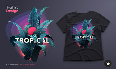 Wall Mural - Bright tropical design for t-shirt or poster with jungle plants. Exotic illustration