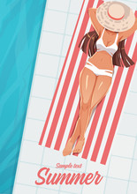 Girl Sunbathing On A Mat Near The Swimming Pool. Summer Vacation Concept. Vector