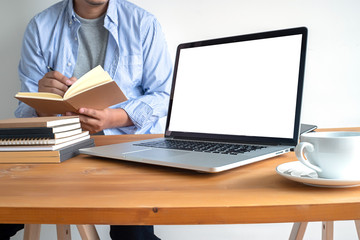 Poster - Laptop with blank screen on table. Workspace background new project on laptop computer with blank copy space screen for your advertising text message