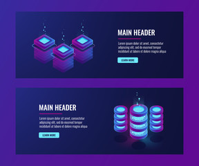 Wall Mural - Data center and database banners, server room icons, cloud storage information dark neon isometric