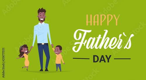 happy father day family holiday african daughter and son hold dad hand greeting card flat vector illustration