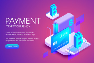 Fototapete - Bitcoin card payment vector illustration of cryptocurrency commerce or digital banking technology. Crypto currency mining farm and smartphone internet online shopping on purple ultraviolet background