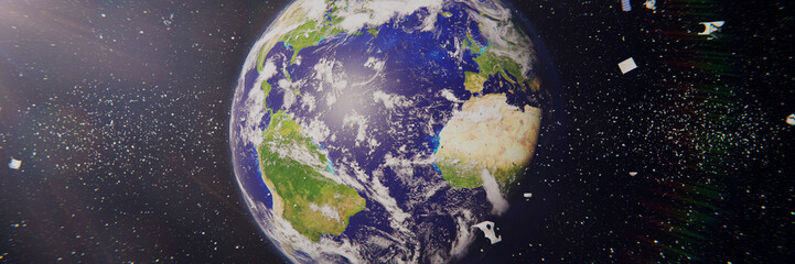 Wall Mural - space debris in earth orbit, dangerous trash orbiting around the blue planet