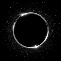 Poster - silver sparkling ring with glitter isolated on black background. vector luxury silver frame.