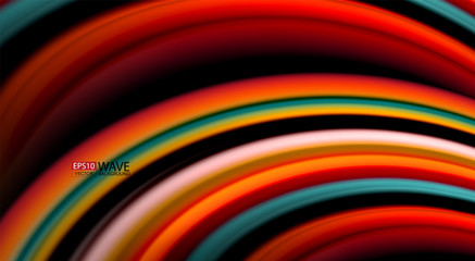 Fluid rainbow colors on black background, vector wave lines and swirls