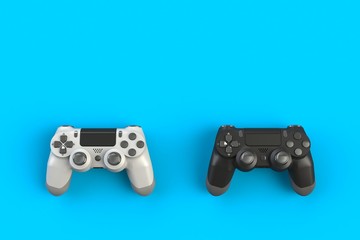 Sticker - Computer game competition. Gaming concept. White and black joystick isolated on blue background, 3D rendering