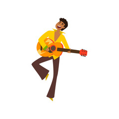 Wall Mural - Young man dancing and playing music with guitar, Brazil carnival, male dancer in bright festive costume vector Illustration on a white background