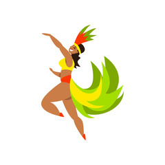 Wall Mural - Brazilian samba female dancer in bright carnival costume vector Illustration on a white background