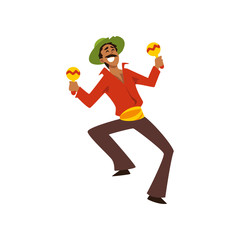 Sticker - Young man dancing with maracas at Brazil carnival, male dancer in bright festive costume vector Illustration on a white background