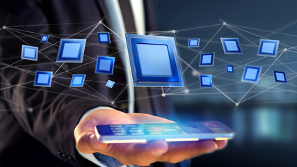 Poster - Businessman using a smartphone with a Processor chip and network connection - 3d render