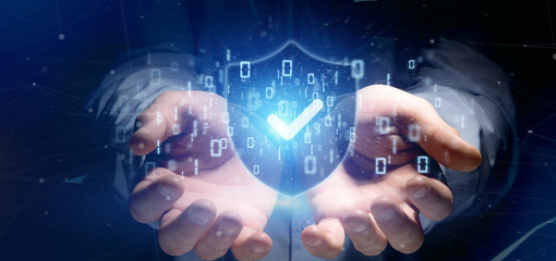 Poster - Man holding a Shield web security concept 3d rendering